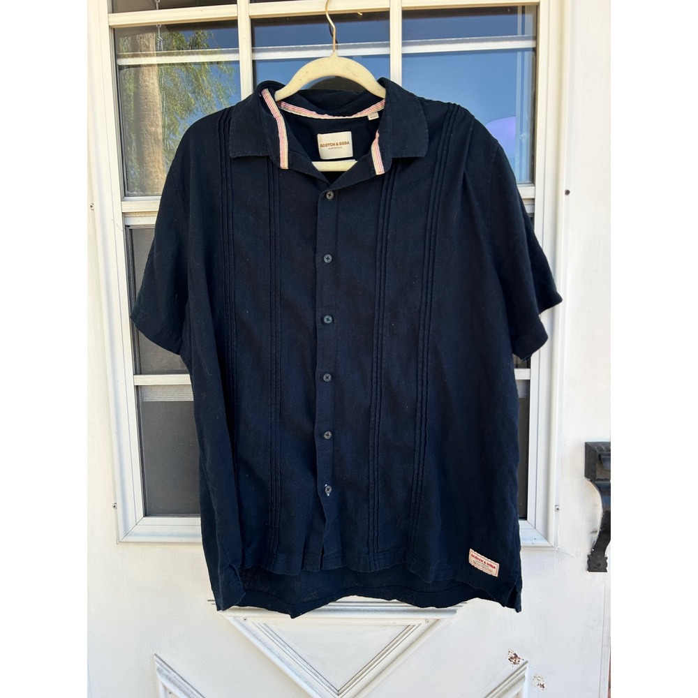 Scotch & Soda Mens XXL Navy Blue Linen Blend Pintuck Short Sleeve Camp Shirt